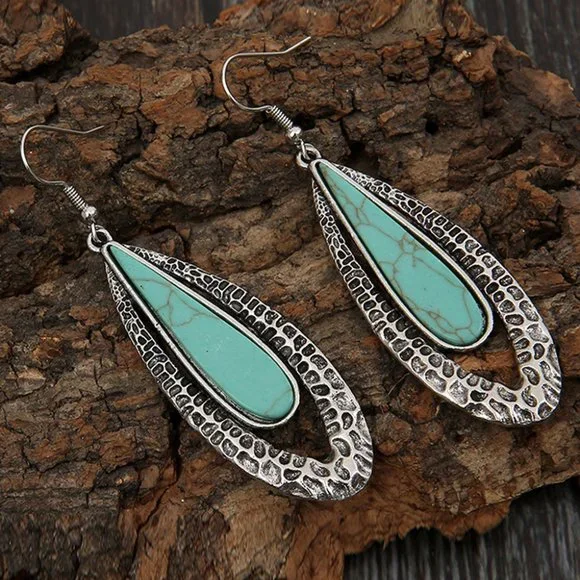 Sky Blue Bohemian Geometric Oval Earrings - Picture 5 of 5